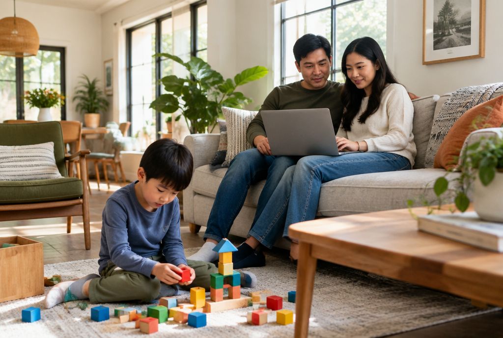 Austin parents on the living-room sofa comparing schools on a laptop while their son builds with blocks